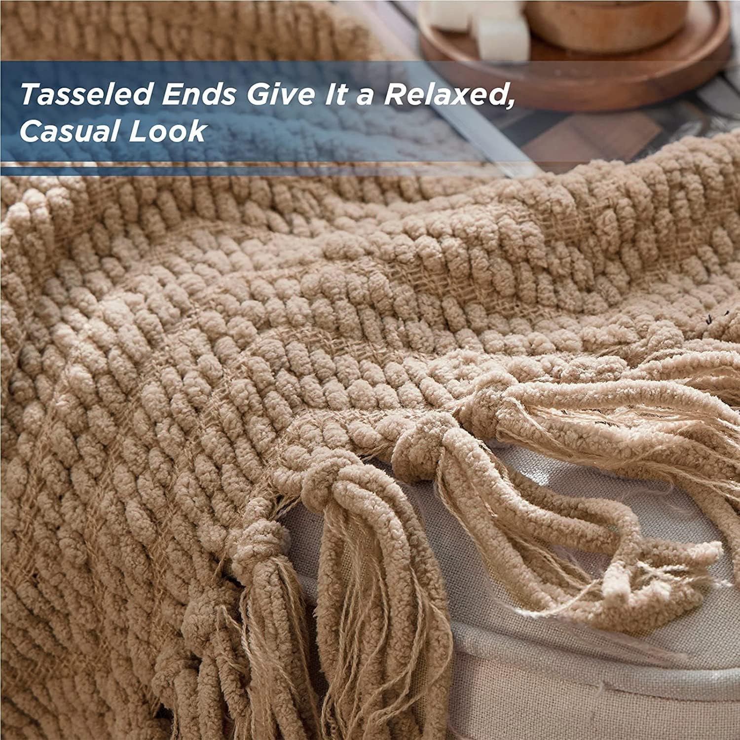Textured Chenille Throw Blanket – Chunky Knit Khaki Woven Sofa Blanket with Tassels (50"x60")  