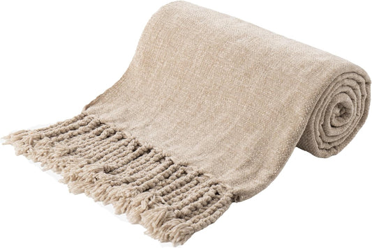 Beige Chenille Throw Blanket with Fringe – Soft Velvety Tan Sofa Blanket for Couch or Bed (50" x 60")