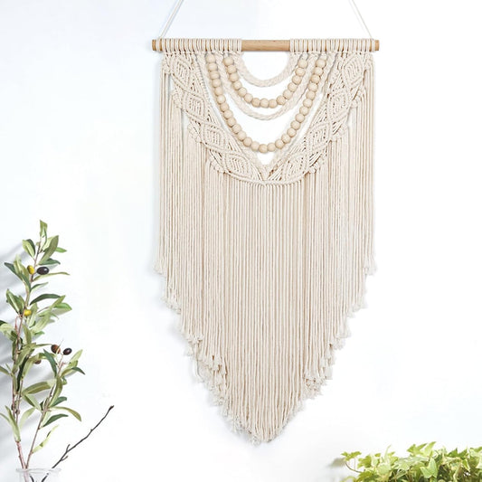 Small Boho Macrame Wall Hanging with Wood Beads – Handmade Woven Tapestry for Bedroom, Dorm, or Gallery Decor (16.5” x 30”)