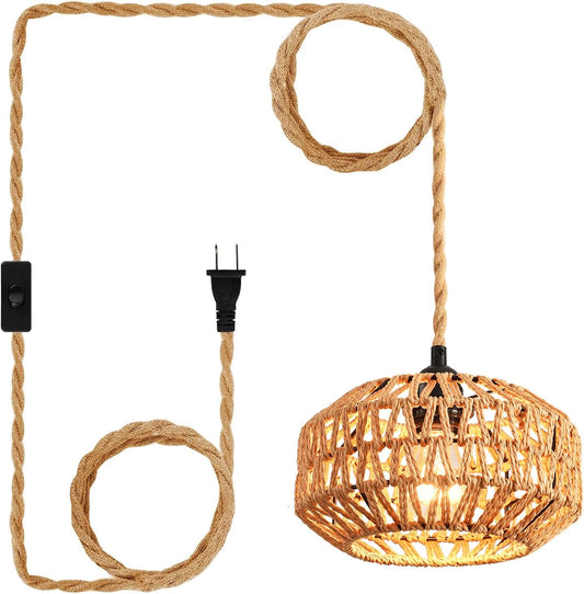 Boho Rattan Plug-In Pendant Light – Handwoven Hanging Lamp with Switch for Bedroom, Kitchen, or Hallway