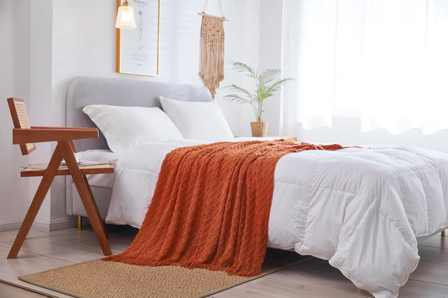 Orange Knit Throw Blanket – Soft Lightweight Acrylic Sofa Blanket with Fringe (50"x60")