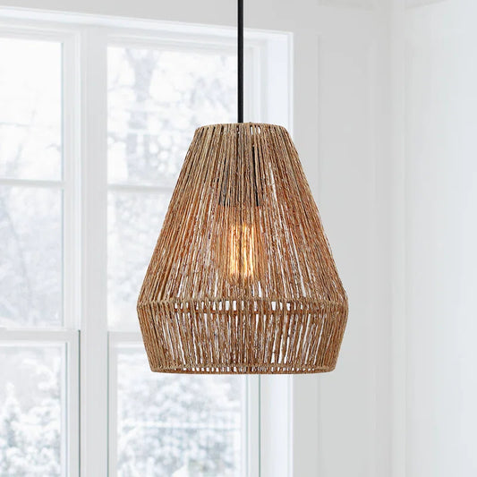 Boho Rattan Pendant Light – Handwoven Black Shade for Dining Room, Kitchen, or Bedroom