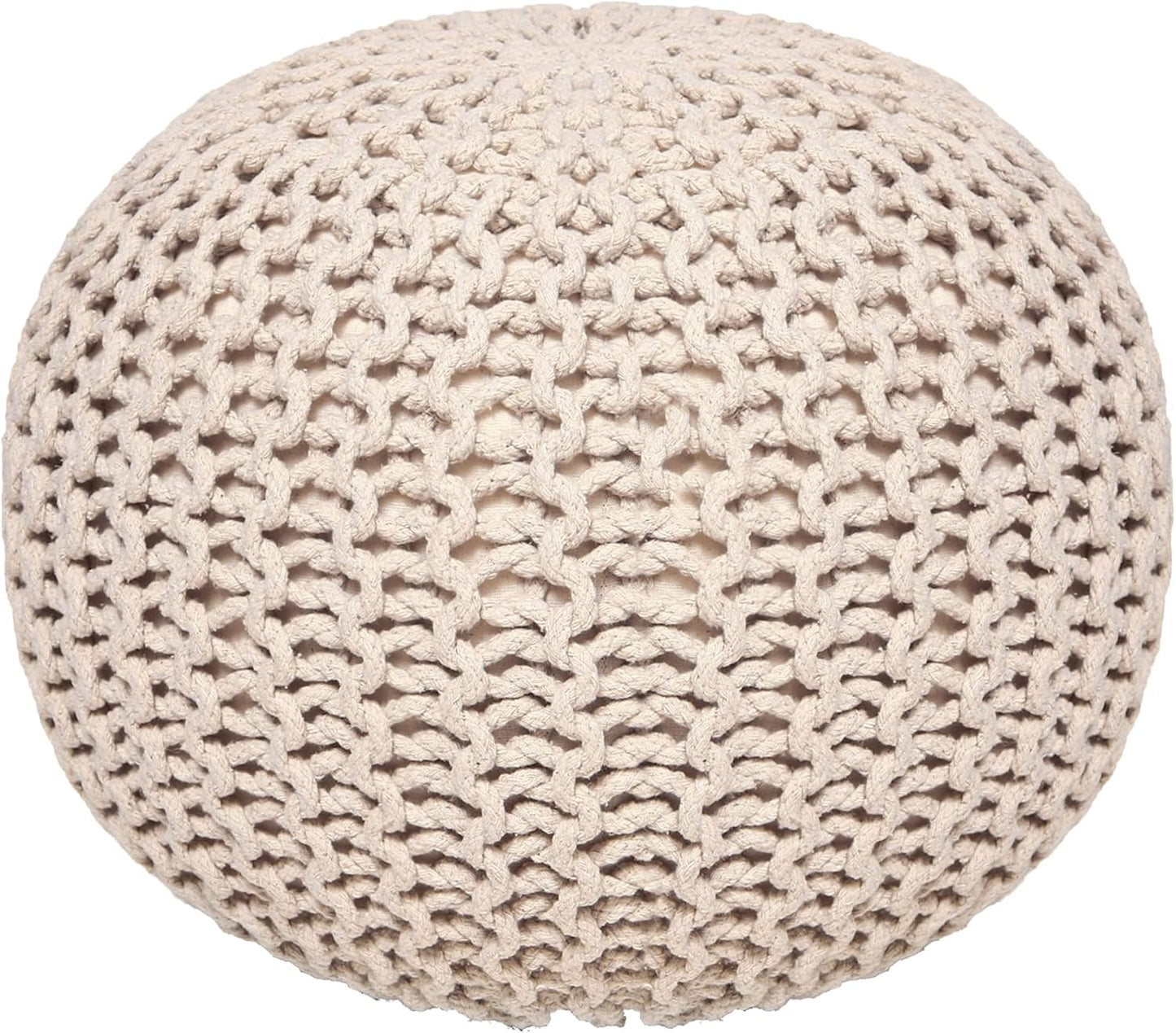 REDEARTH Round Cable Knit Pouf Ottoman – 100% Cotton Handmade Footrest or Floor Cushion for Living Room, Bedroom, Nursery – 18"x18"x14" – Ivory