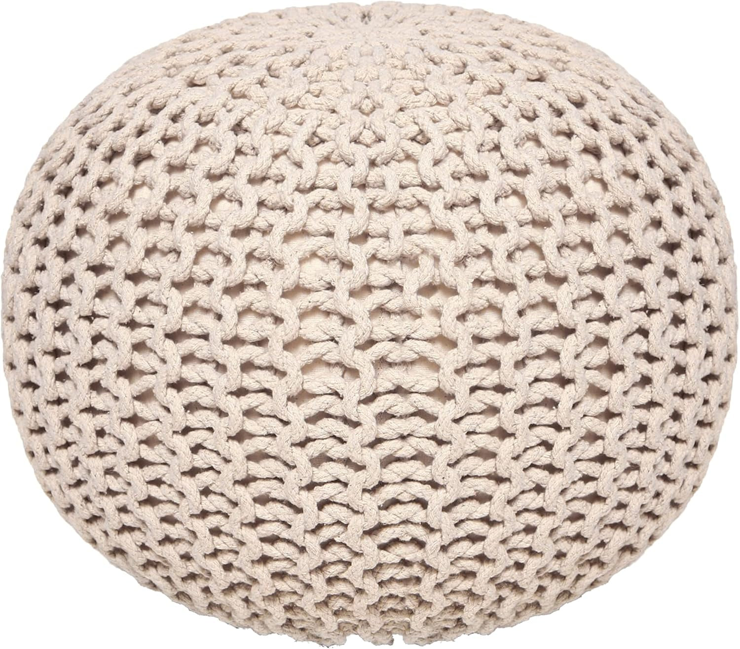 REDEARTH Round Cable Knit Pouf Ottoman – 100% Cotton Handmade Footrest or Floor Cushion for Living Room, Bedroom, Nursery – 18"x18"x14" – Ivory