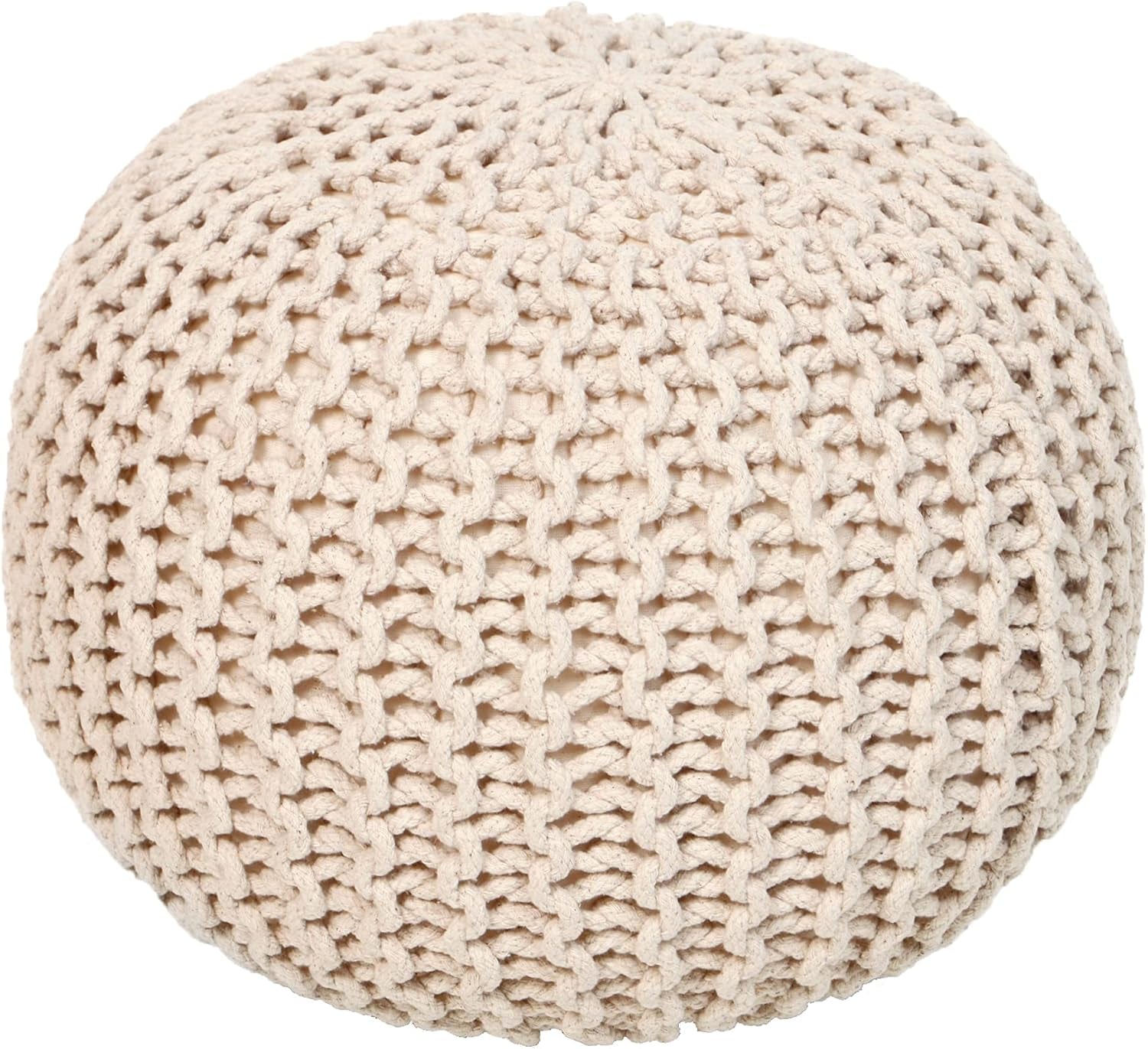 REDEARTH Round Cable Knit Pouf Ottoman – 100% Cotton Handmade Footrest or Floor Cushion for Living Room, Bedroom, Nursery – 18"x18"x14" – Ivory