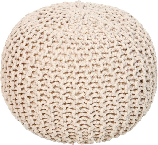 REDEARTH Round Cable Knit Pouf Ottoman – 100% Cotton Handmade Footrest or Floor Cushion for Living Room, Bedroom, Nursery – 18"x18"x14" – Ivory