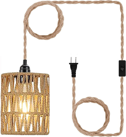 Boho Rattan Plug-In Pendant Light – Cylinder Woven Hanging Lamp with Switch for Bedroom, Kitchen, or Corner Shelf