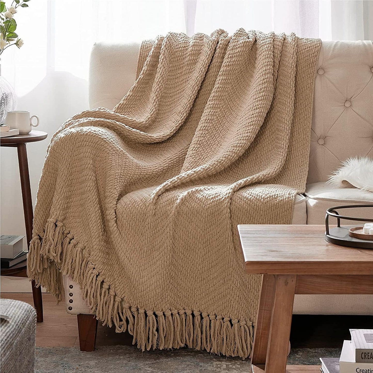 Textured Chenille Throw Blanket – Chunky Knit Khaki Woven Sofa Blanket with Tassels (50"x60")  