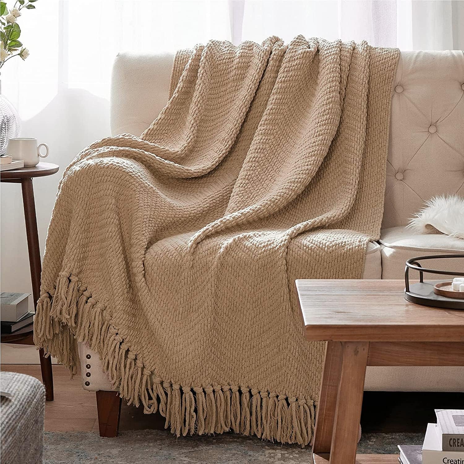 Textured Chenille Throw Blanket – Chunky Knit Khaki Woven Sofa Blanket with Tassels (50"x60")  