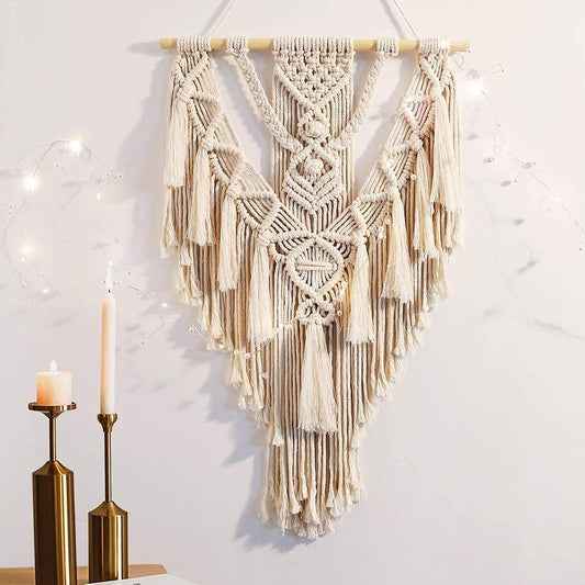 Geometric Boho Macrame Wall Hanging – Handwoven Cotton Tapestry with Long Tassel for Bedroom or Dorm Decor