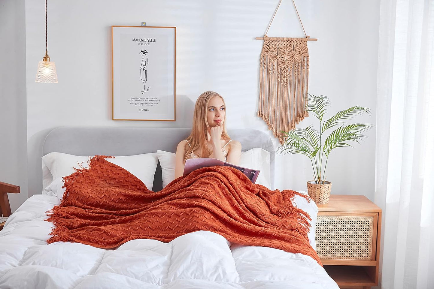 Orange Knit Throw Blanket – Soft Lightweight Acrylic Sofa Blanket with Fringe (50"x60")