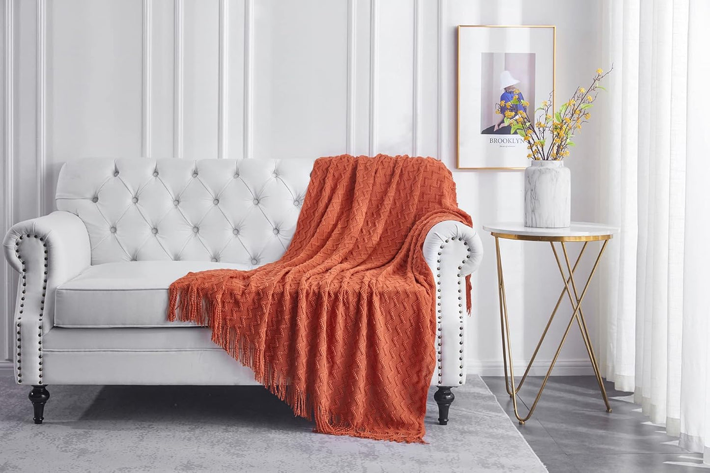 Orange Knit Throw Blanket – Soft Lightweight Acrylic Sofa Blanket with Fringe (50"x60")