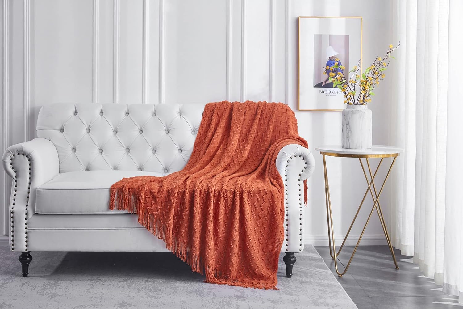 Orange Knit Throw Blanket – Soft Lightweight Acrylic Sofa Blanket with Fringe (50"x60")