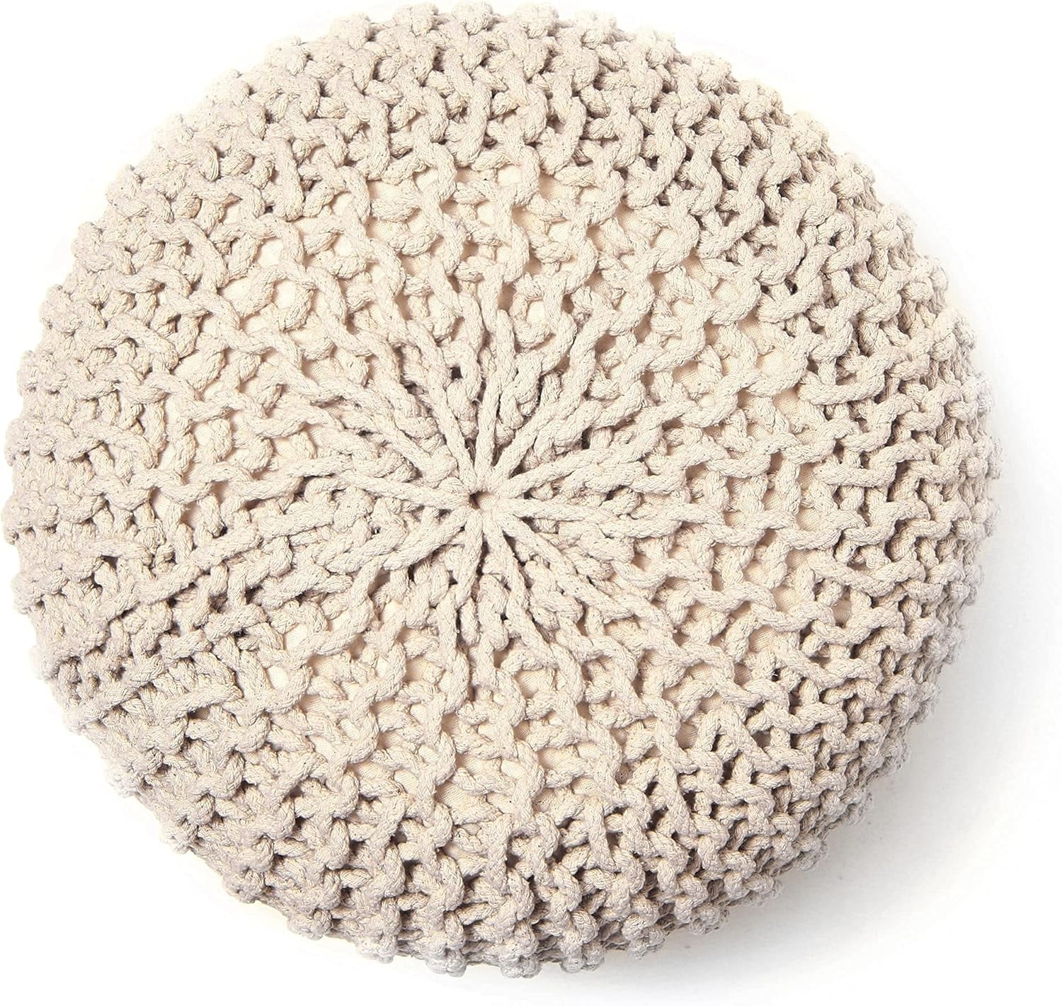 REDEARTH Round Cable Knit Pouf Ottoman – 100% Cotton Handmade Footrest or Floor Cushion for Living Room, Bedroom, Nursery – 18"x18"x14" – Ivory