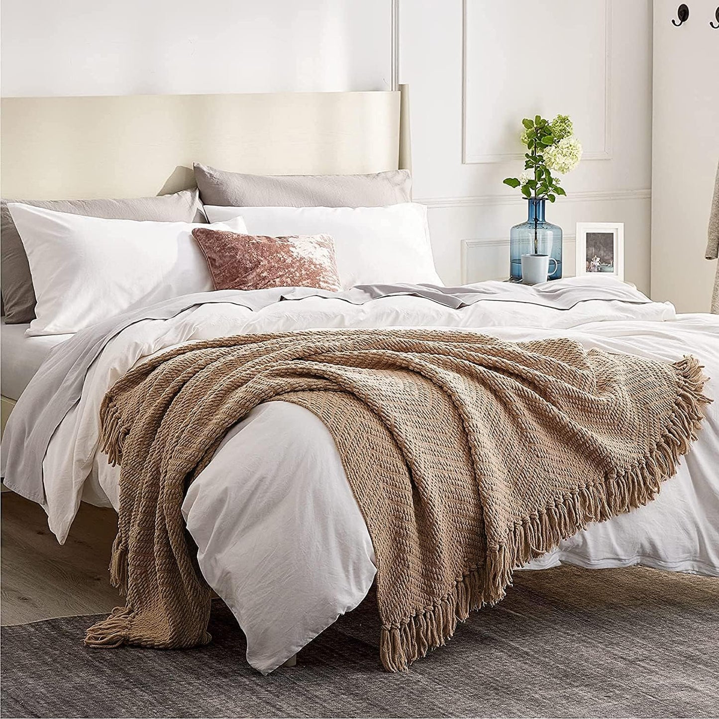 Textured Chenille Throw Blanket – Chunky Knit Khaki Woven Sofa Blanket with Tassels (50"x60")  