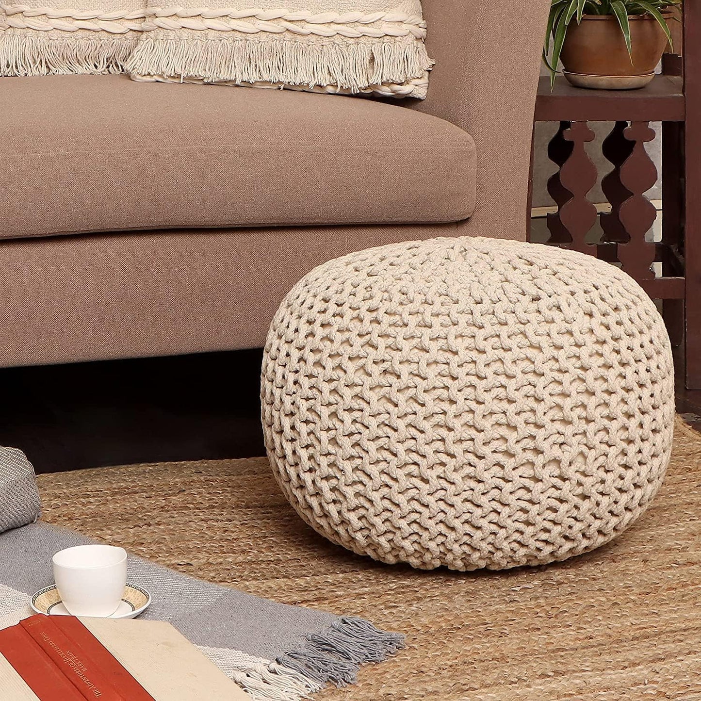 REDEARTH Round Cable Knit Pouf Ottoman – 100% Cotton Handmade Footrest or Floor Cushion for Living Room, Bedroom, Nursery – 18"x18"x14" – Ivory
