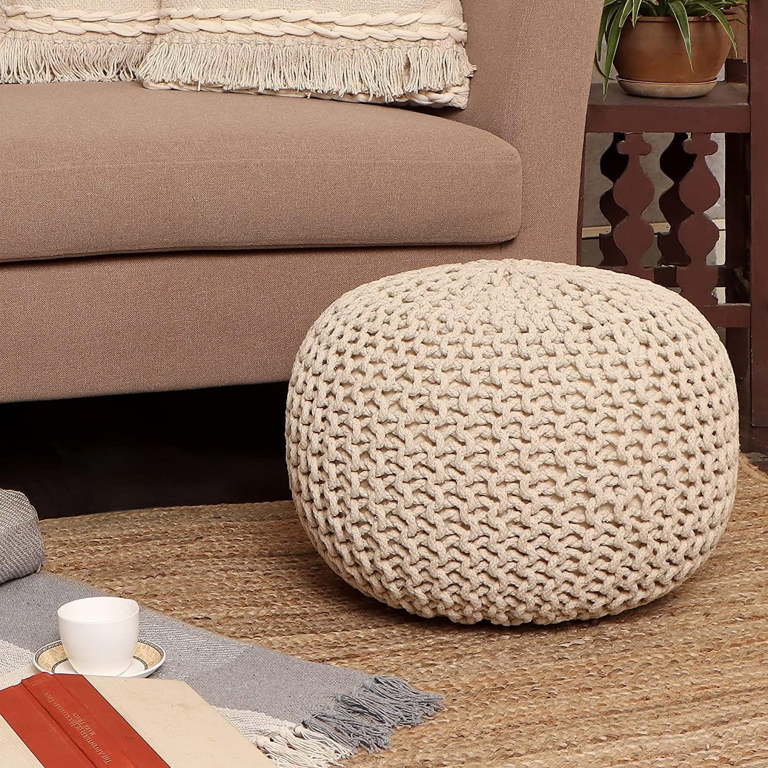 REDEARTH Round Cable Knit Pouf Ottoman – 100% Cotton Handmade Footrest or Floor Cushion for Living Room, Bedroom, Nursery – 18"x18"x14" – Ivory