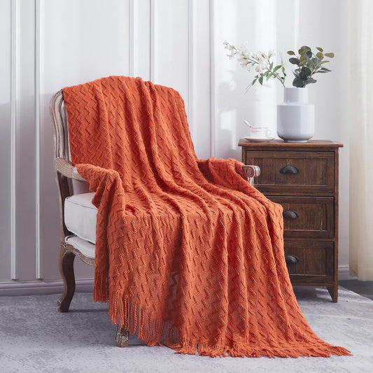 Orange Knit Throw Blanket – Soft Lightweight Acrylic Sofa Blanket with Fringe (50"x60")