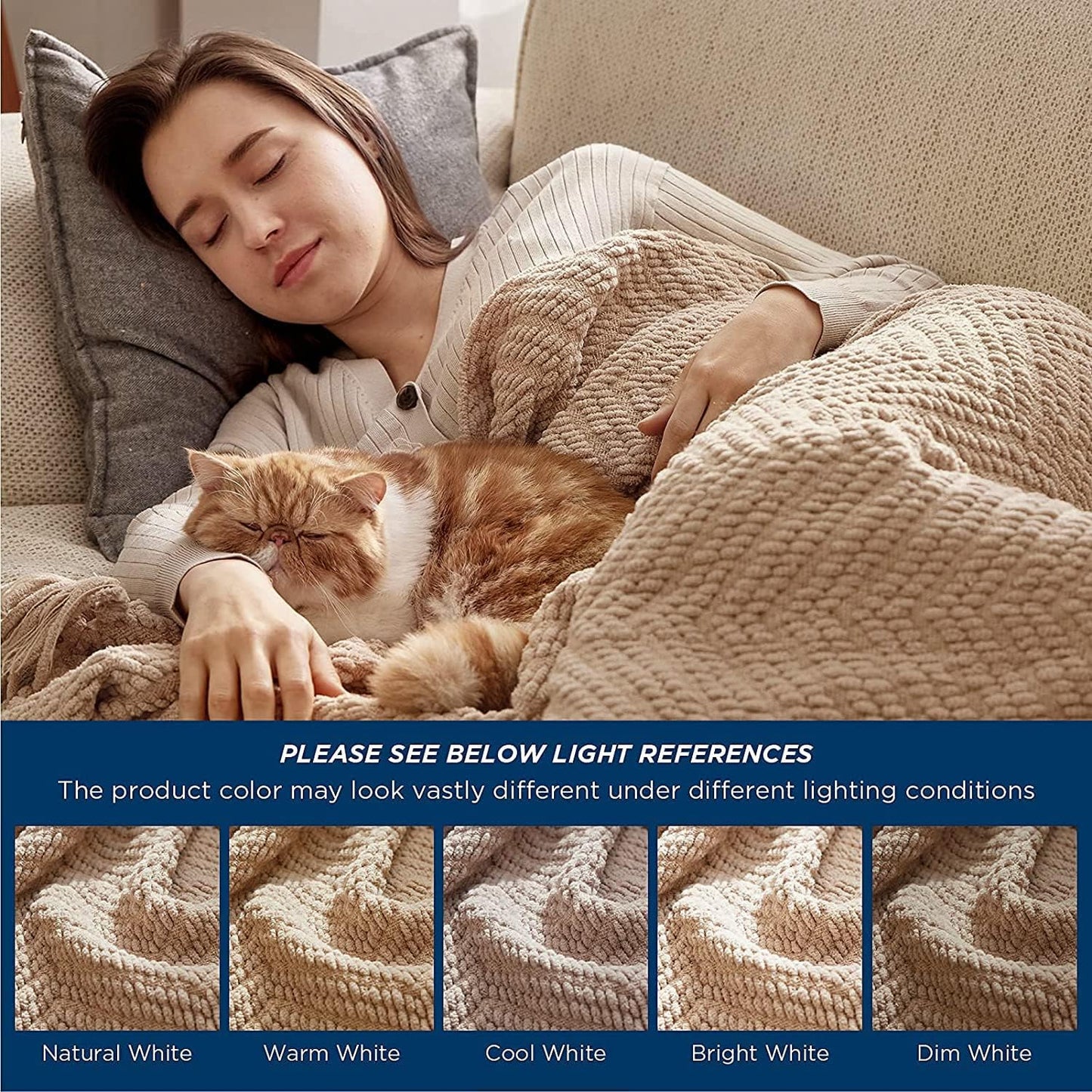 Textured Chenille Throw Blanket – Chunky Knit Khaki Woven Sofa Blanket with Tassels (50"x60")  