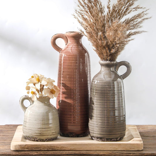 Rustic Boho Ceramic Vase Set of 3 – Neutral Brown Farmhouse Decor with Handles for Table, Mantel, or Shelf