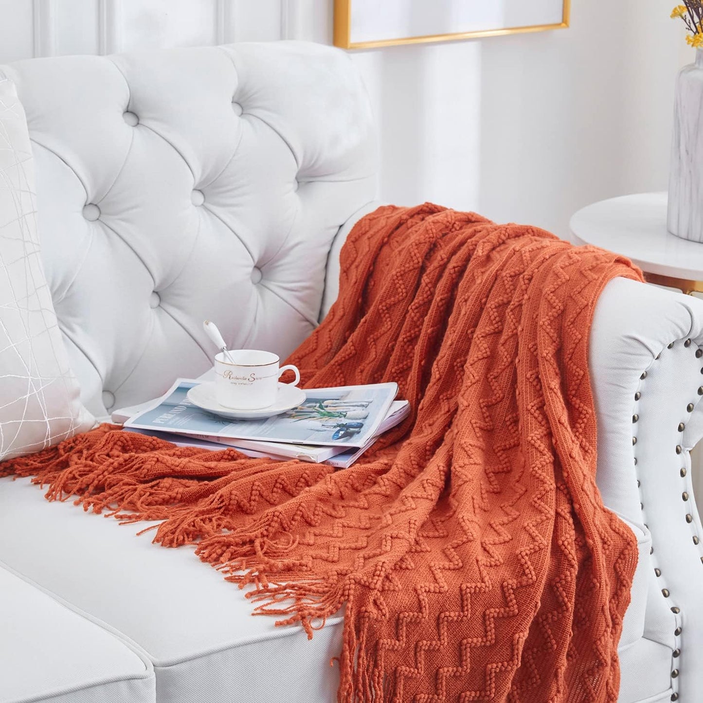 Orange Knit Throw Blanket – Soft Lightweight Acrylic Sofa Blanket with Fringe (50"x60")