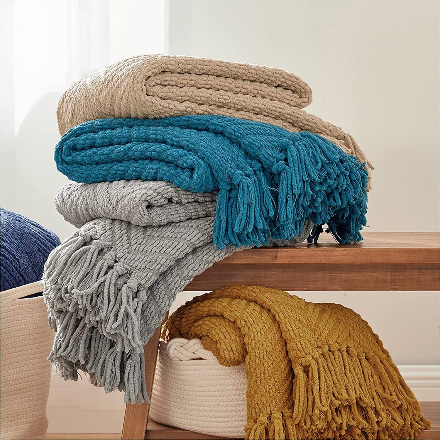 Textured Chenille Throw Blanket – Chunky Knit Khaki Woven Sofa Blanket with Tassels (50"x60")  
