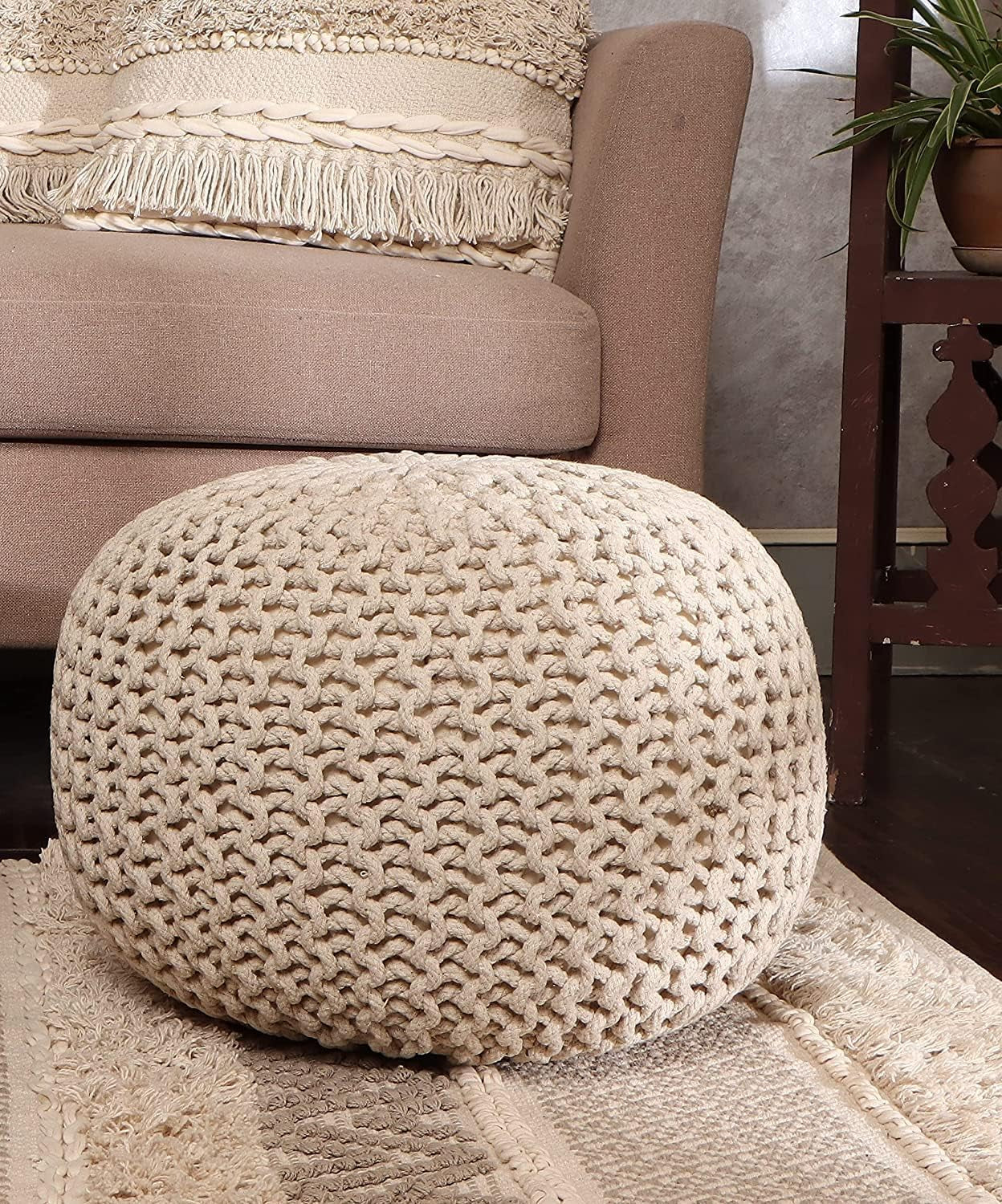 REDEARTH Round Cable Knit Pouf Ottoman – 100% Cotton Handmade Footrest or Floor Cushion for Living Room, Bedroom, Nursery – 18"x18"x14" – Ivory