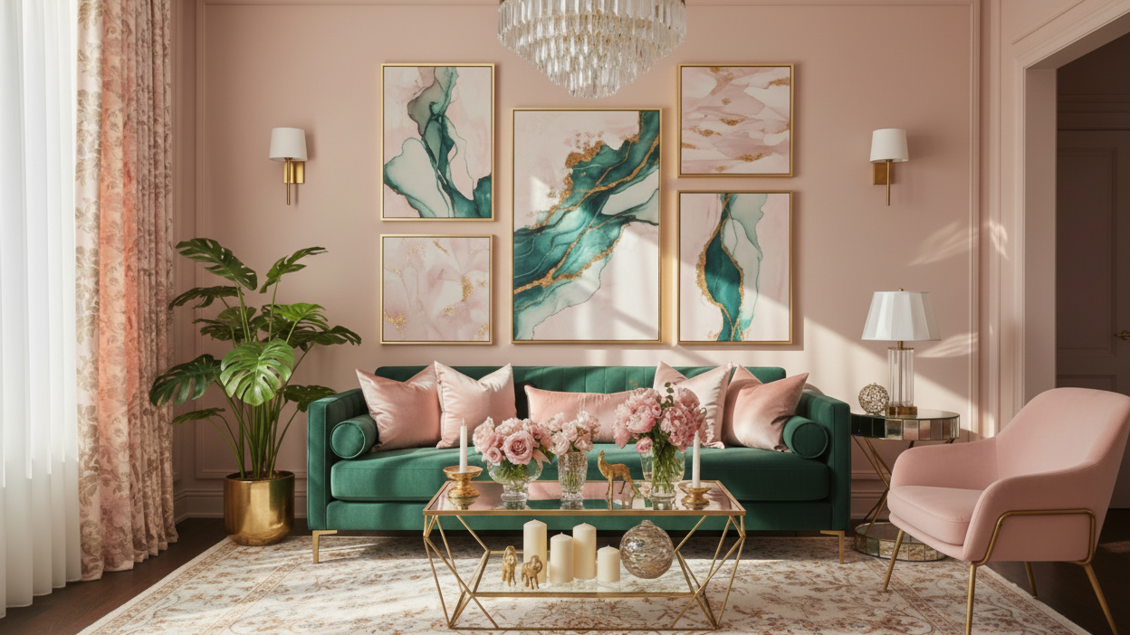 Photorealistic boho-glam living room in ultra-HD. Emerald velvet sofa with blush pillows. Gold wire/glass coffee table styled with candles, figurines, and pink florals. Blush accent chair, side table with glass lamp. Blush wall with abstract art and gold sconces. Add large leafy plant, patterned rug, floral curtains, and crystal chandelier. Warm daylight from left. Color palette: emerald, blush, gold, warm neutrals. Interior design photography style. resize to 16:9 ratio, ultra hd
